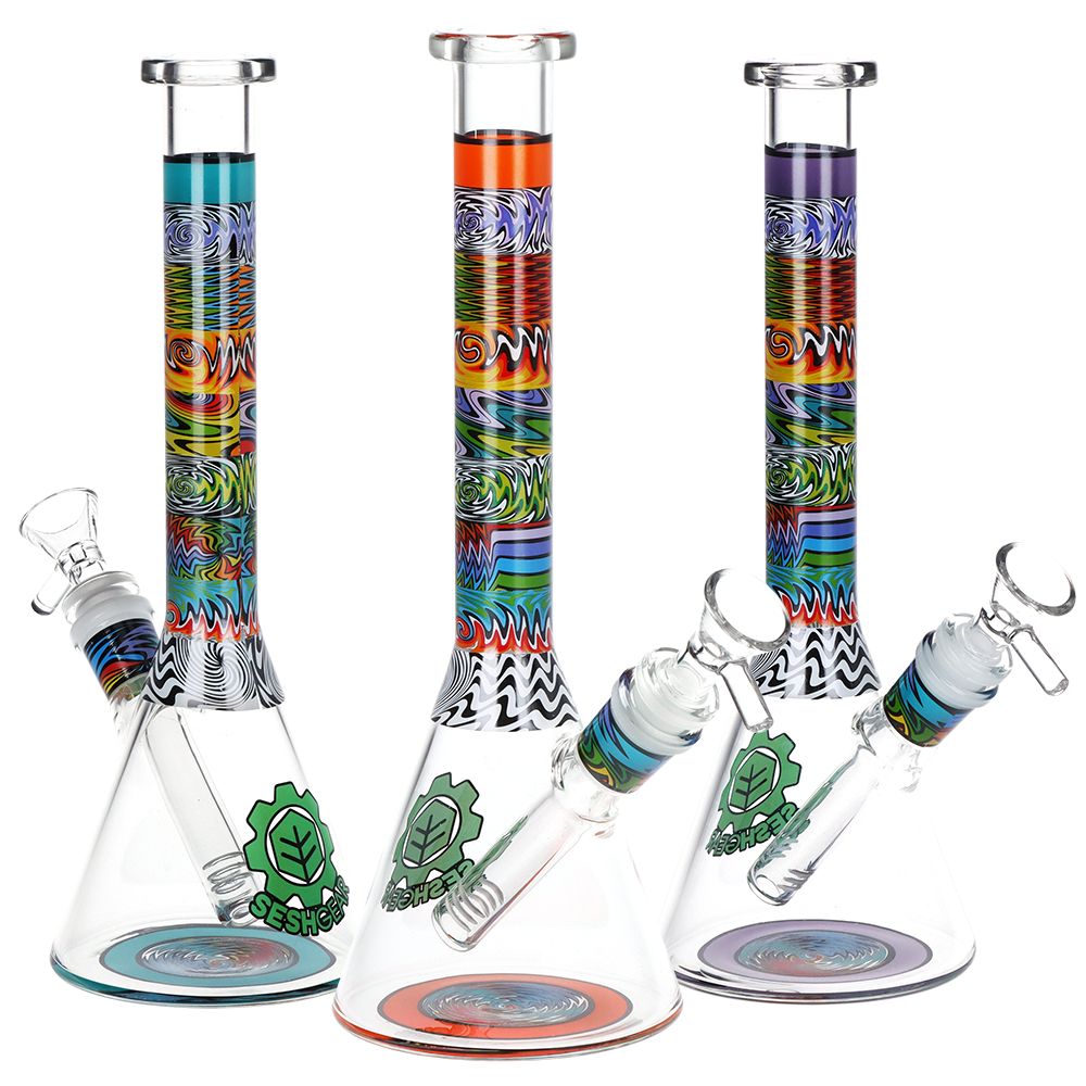 SeshGear Tehchnicolor Zig Wag Beaker Glass Water Pipe - 10" / 14mm F / Colors Vary - Headshop.com
