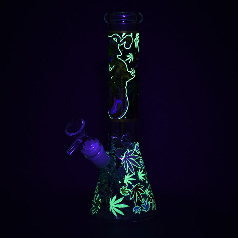 Aliens And Hemp Leaves Glow Glass Beaker Water Pipe-10" / 14mm F / Designs Vary - Headshop.com