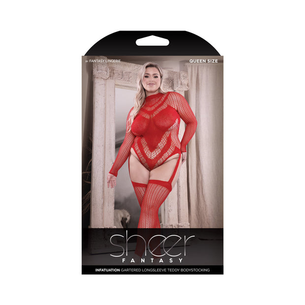 Fantasy Lingerie Sheer Infatuation Open Back Longsleeve Teddy Bodystocking Red Queen Size - Headshop.com