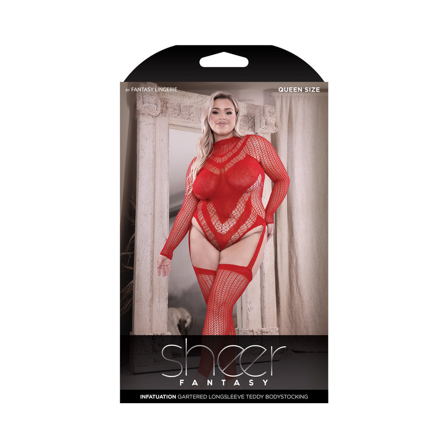 Fantasy Lingerie Sheer Infatuation Open Back Longsleeve Teddy Bodystocking Red Queen Size - Headshop.com