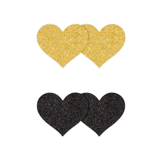 Pretty Pasties Glitter Hearts Black/Gold 2 Pair - Headshop.com