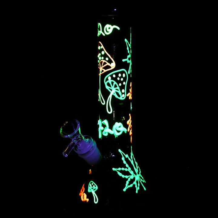 420 Leaf and Shroom Glow In Dark Glass Beaker Water Pipe - 9.5" / 14mm F - Headshop.com