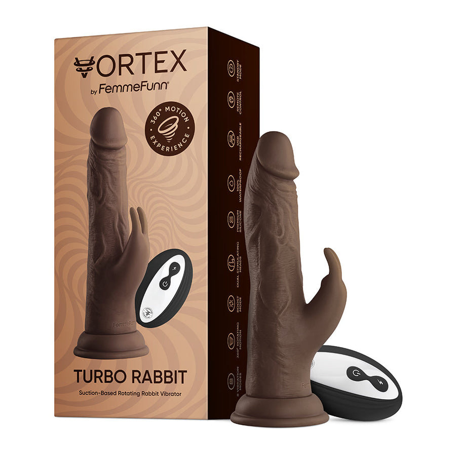 FemmeFunn Vortex Turbo Rabbit 2.0 8 in. Dual Stimulation Vibrating Dildo Brown - Headshop.com