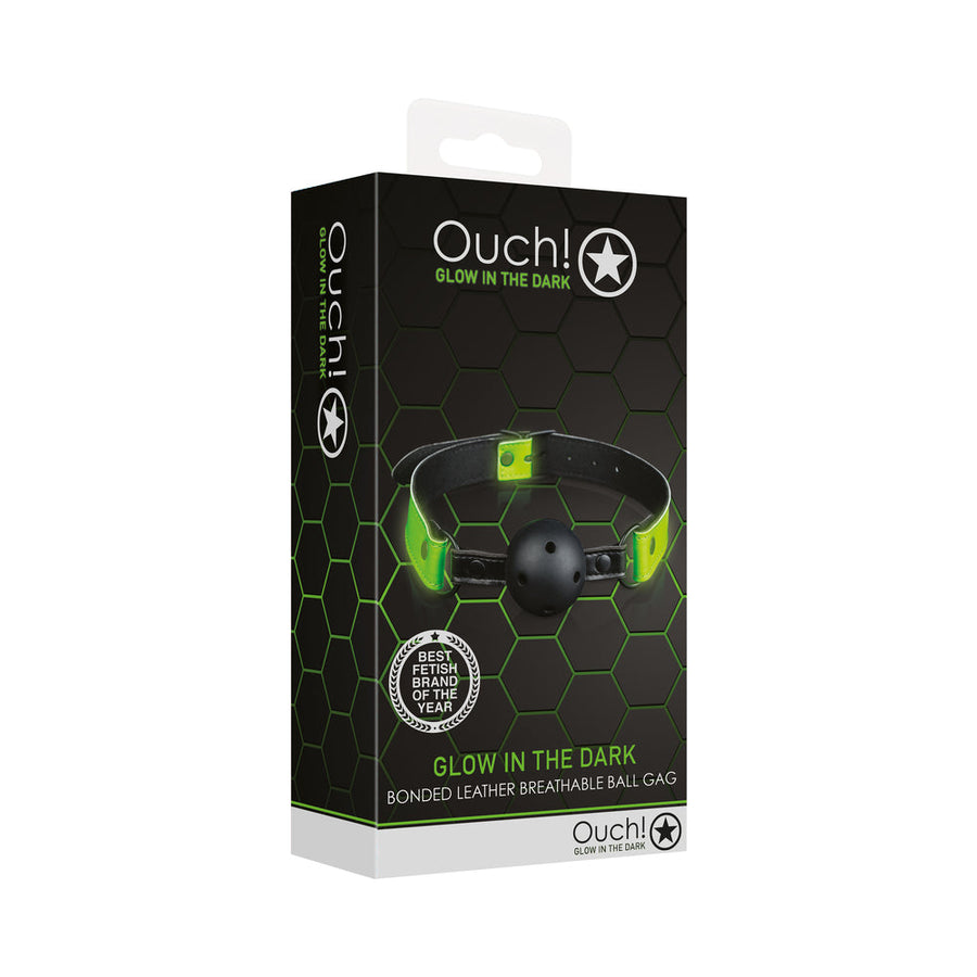 Ouch! Glow in the Dark Bonded Leather Breathable Ball Gag Neon Green - Headshop.com