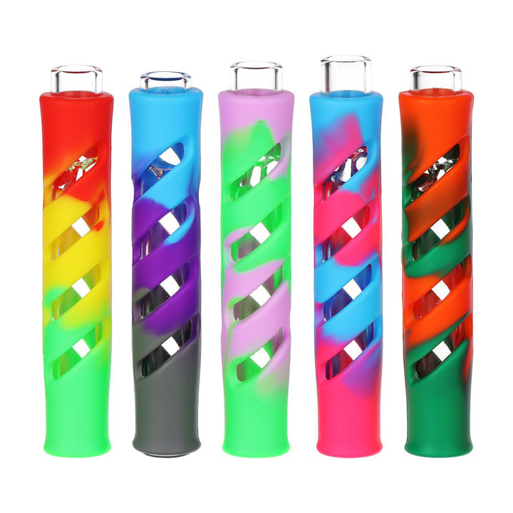 10CT BUNDLE - Swirled Silicone Wrapped Glass Chillum - 3.5" / Assorted Colors