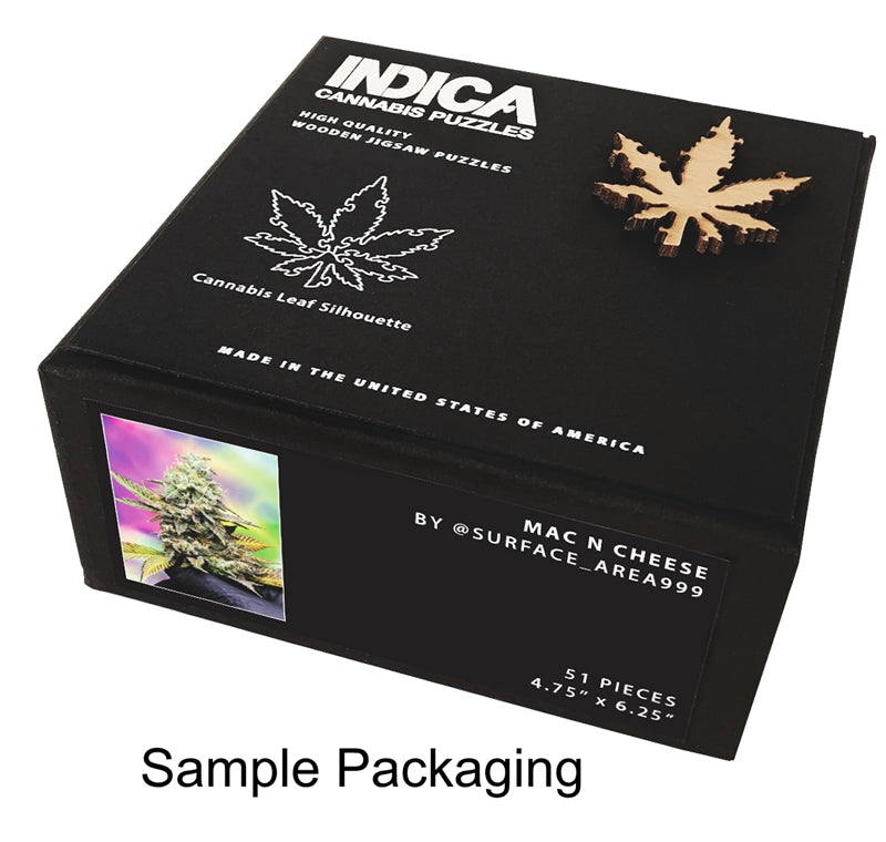 Indica Leaf Shape Puzzle: Nick Johnson “Tropicana Cookies" 10" x 11" 69 Piece 1/4 Inch thick Maple Wood Jigsaw Puzzle - Headshop.com