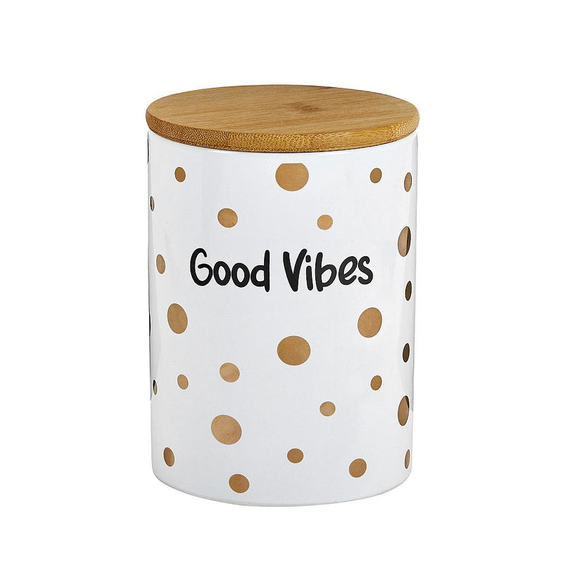 Deluxe canister - stash jar - WHITE CANISTER - GOLD Polka DOTS - GOOD VIBES - Headshop.com