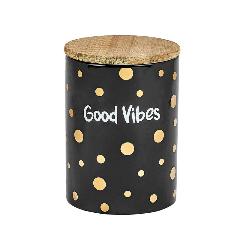 Deluxe canister - stash jar - BLACK CANISTER - GOLD Polka DOTS - GOOD VIBES - Headshop.com