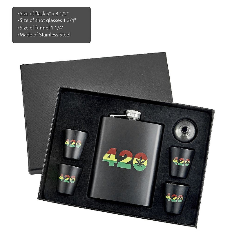 420 rasta flask set with shot glasses and funnel - Headshop.com
