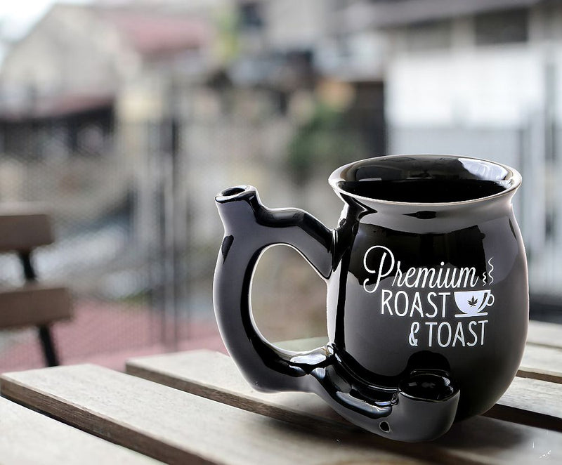 Premium Roast & Toast Single Wall Mug - Shiny Black with White Print - Headshop.com