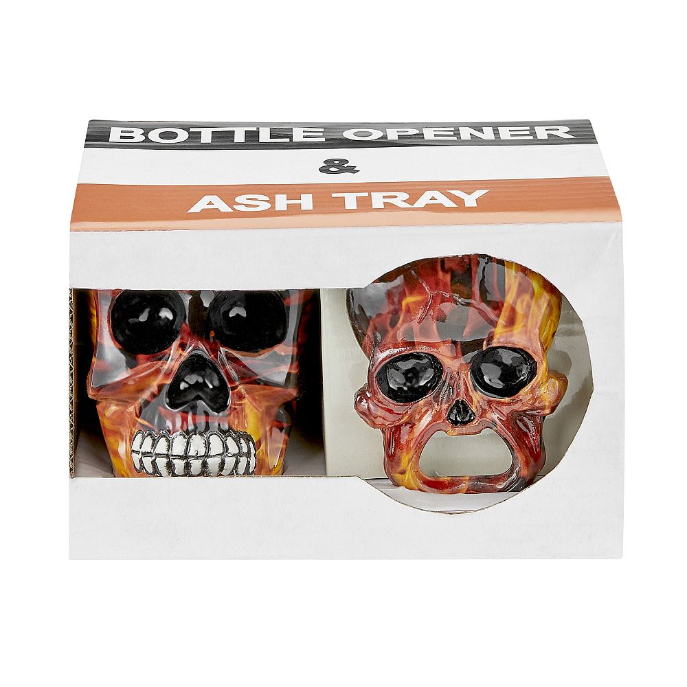 SKULL ASHTRAY AND OPENER SET - flame design - Headshop.com