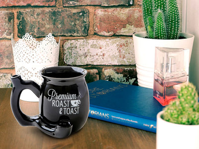 Premium Roast & Toast Single Wall Mug - Shiny Black with White Print - Headshop.com